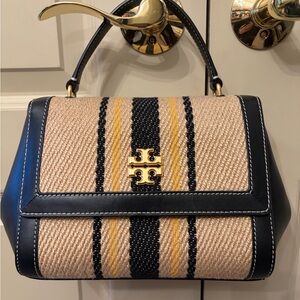 Tory Burch Black and Raffia Satchel with Gold Accents